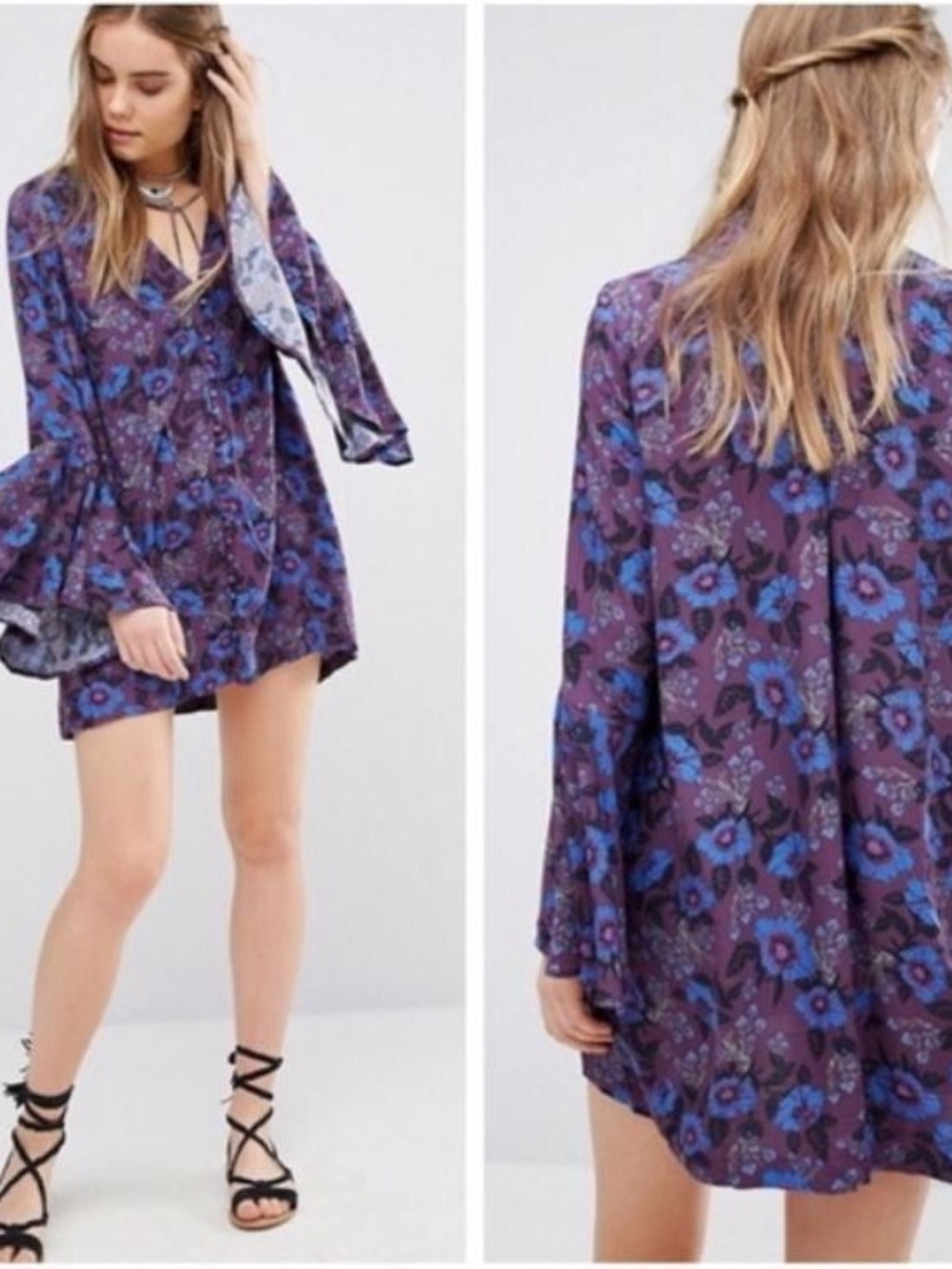 Free People Magic Mystery Boho Floral Tunic Dress Bell Sleeves Size Small